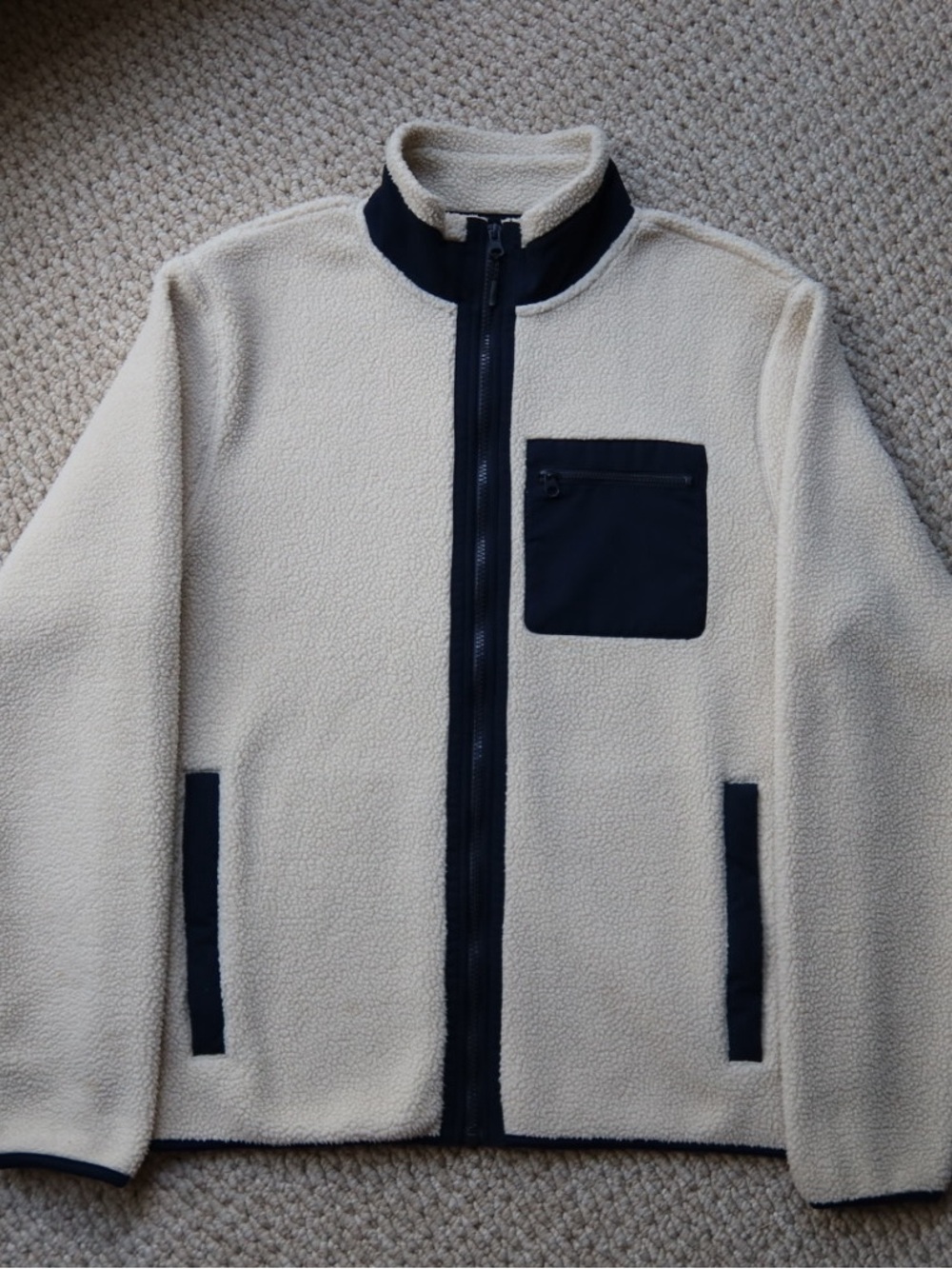 Old Navy Cream Sherpa Zip-Up Sweater with Navy Trim